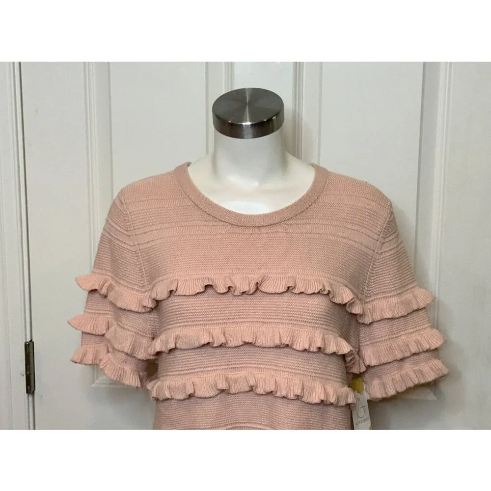 Kate Spade Pale Pink Ruffle Striped Short Sleeve Sweater, Size M